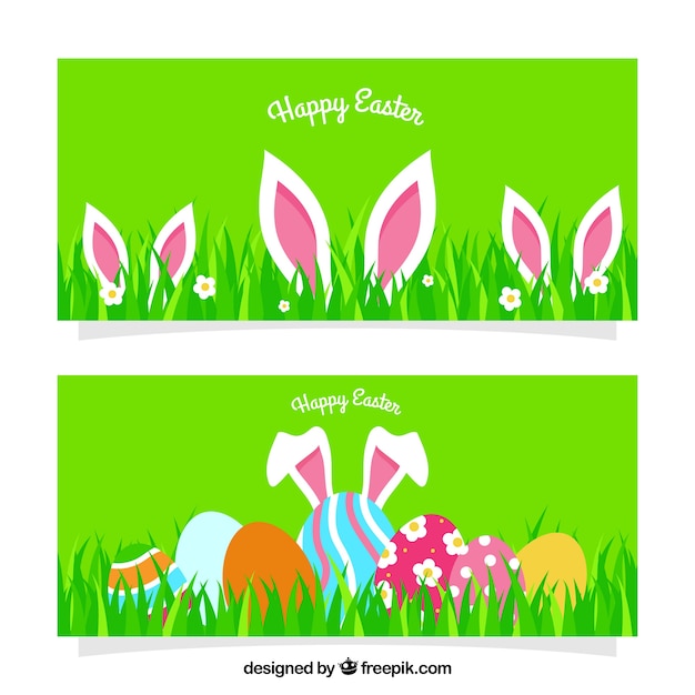 Download Flat easter banners with rabbit ears and eggs | Free Vector