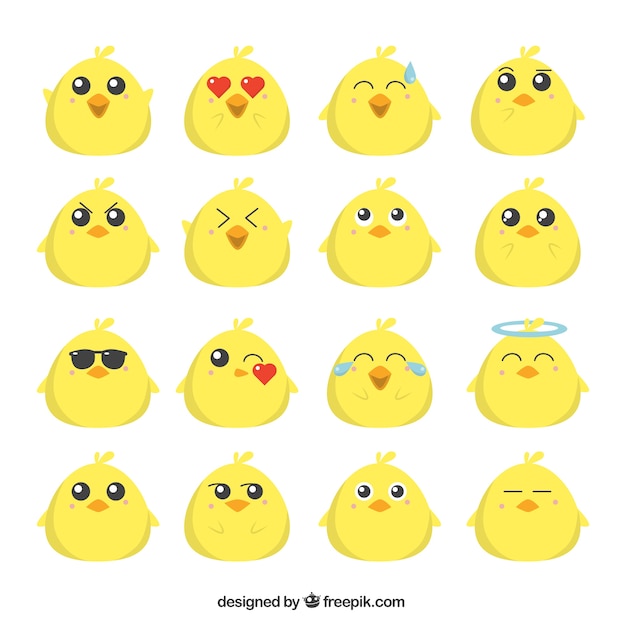 Flat emoji collection of funny chick