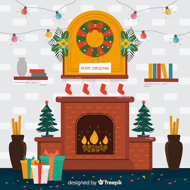 Free Vector | Flat fireplace christmas scene