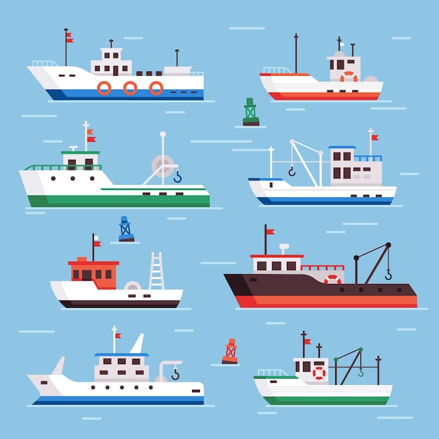 Premium Vector | Flat fishing boats set