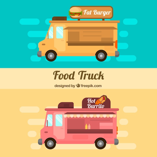 Flat food trucks with burgers and burritos | Free Vector