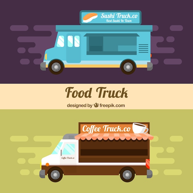 Download Free Vector Flat Food Trucks With Sushi And Coffee