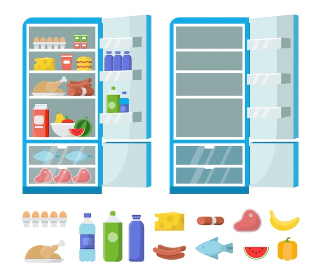 フラット冷蔵庫 キッチンに空の冷蔵庫 冷凍庫と食品のイラスト プレミアムベクター