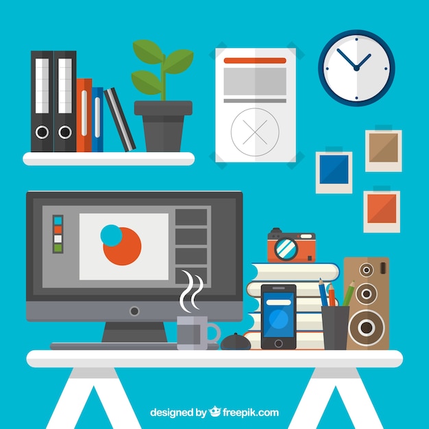 Flat graphic designer workplace Vector | Free Download