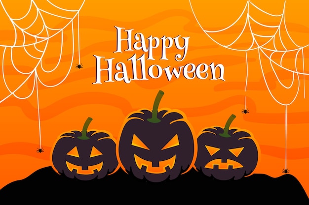 Flat halloween background cobweb and pumpkin Free Vector