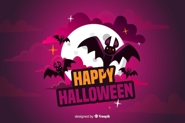 Free Vector Flat Halloween Background With Bat And Full Moon