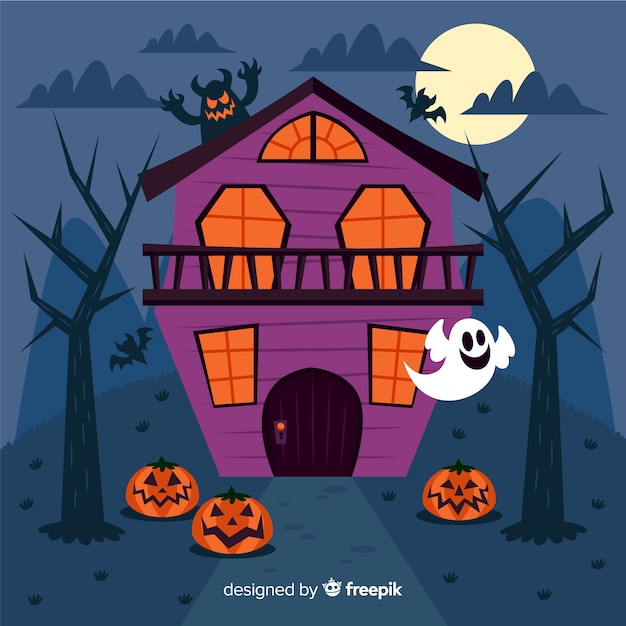 Download Flat halloween haunted house with pumpkins Vector | Free ...