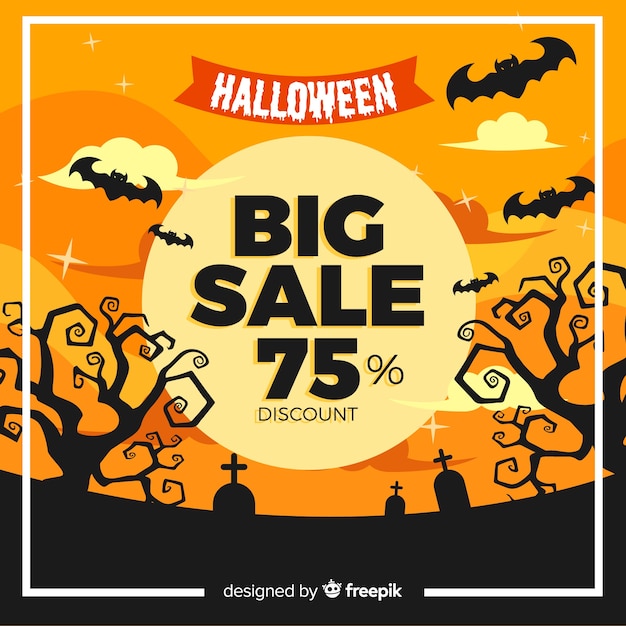 Flat halloween sale with bats in a graveyard Free Vector