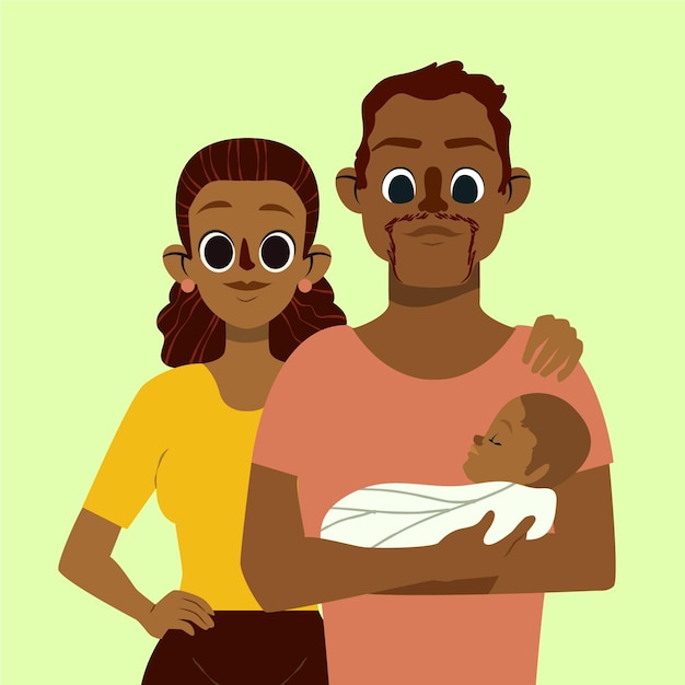 赤ちゃんとフラット手描き黒家族イラスト 無料のベクター