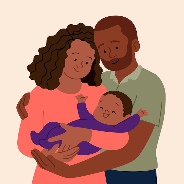 赤ちゃんとフラット手描き黒家族イラスト 無料のベクター