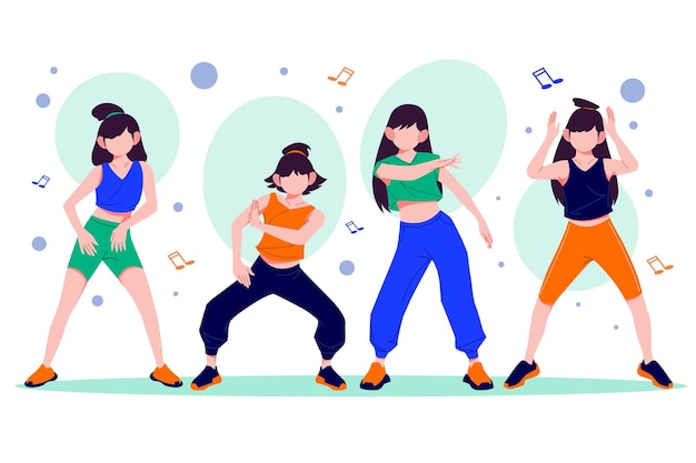 Flat-hand drawn dance fitness steps illustration with people Free Vector