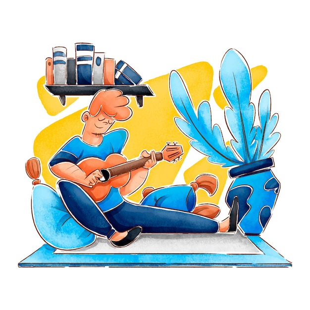 ギターを弾く男とフラット手描きのヒュッゲのイラスト 無料のベクター