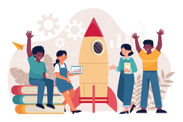 Flat-hand drawn people starting a business project Free Vector