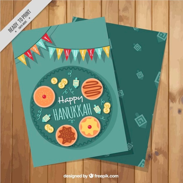 Flat hanukkah card with sweets and colorful\
garlands