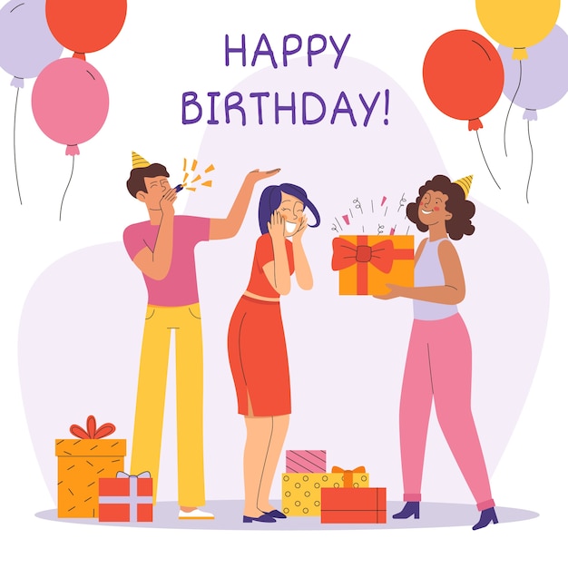 Free Vector | Flat happy birthday card template with people and balloons