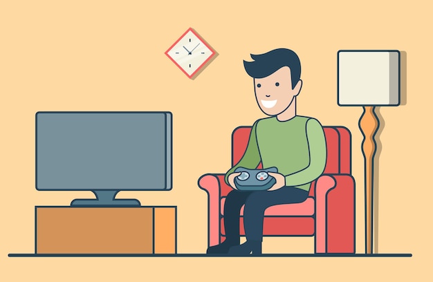 Premium Vector | Flat happy young man sitting and playing room interior