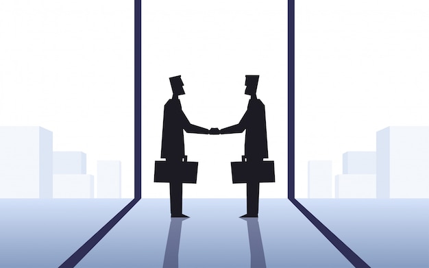 都市景観の背景を持つオフィスで握手をするシルエット2人のビジネスマンのフラットアイコンデザイン プレミアムベクター