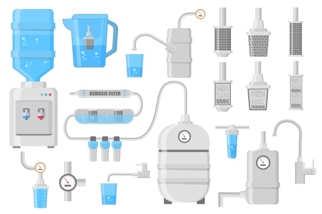 白い背景で隔離の水フィルターのフラットアイコン さまざまな種類の水フィルターとシステムのイラストのセット フラットなデザインのイラスト プレミアムベクター