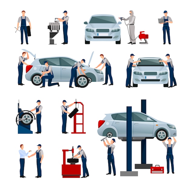Flat icons set of different workers in car Free Vector
