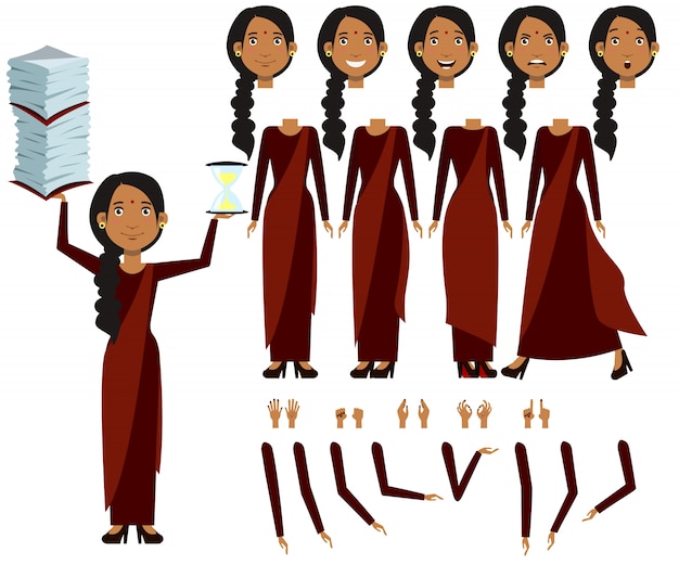 Download Flat icons set of indian woman views, poses and emotions | Free Vector