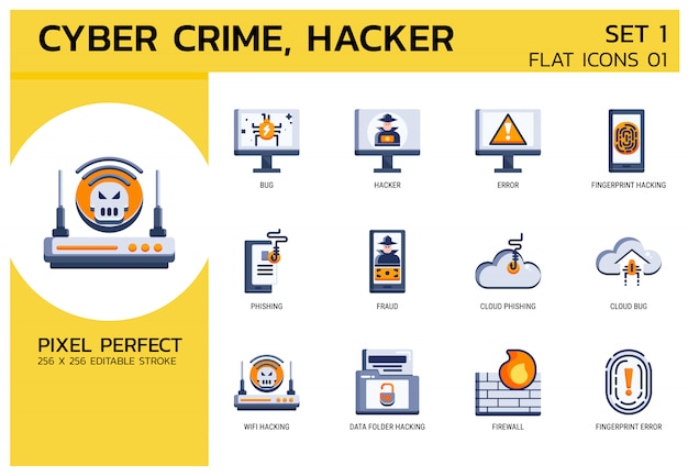 フラットアイコンスタイル ハッカーサイバー犯罪攻撃 プレミアムベクター