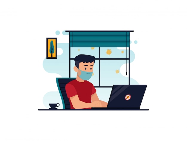 Flat illustration of character working on computer at home for prevention from corona virus Premium Vector