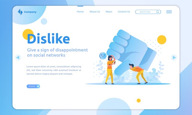 Flat illustration dislike on social media landing page template Premium Vector