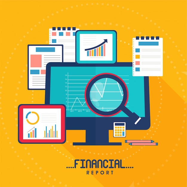 Flat illustration for Business Financial Report with digital devices and paper documents. Free Vector Flat illustration for Business Financial Report with digital devices and paper documents. Free Vector