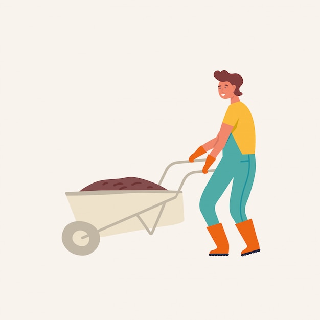 プレミアムベクター 庭師のキャラクターのフラットのイラスト 地球の手押し車を保持している若い男