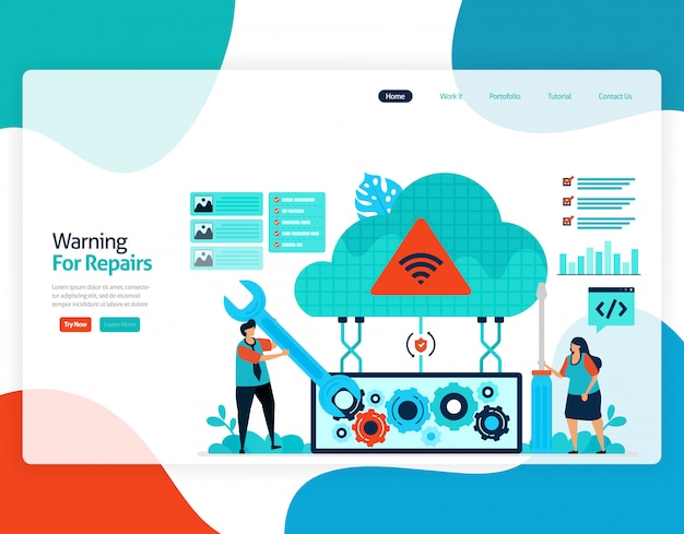 プレミアムベクター 修理のための警告の平らなイラスト クラウドストレージテクノロジーの修理とメンテナンス