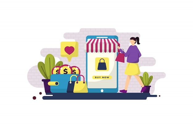 Flat illustration of online shopping with girl | Premium Vector