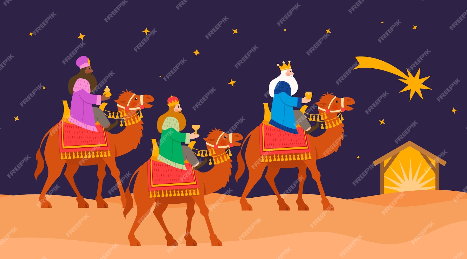 Free Vector | Flat illustration of reyes magos arriving to the nativity ...