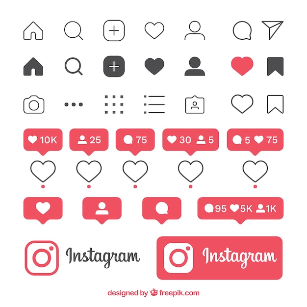 Flat instagram icons and notifications set Premium Vector