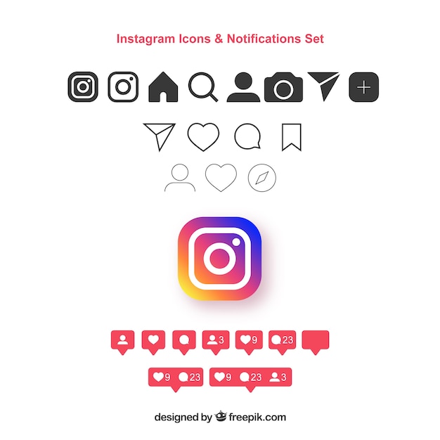 Flat instagram icons and notifications set | Free Vector