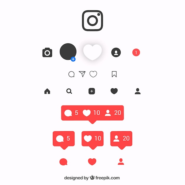 Flat instagram icons and notifications set | Free Vector