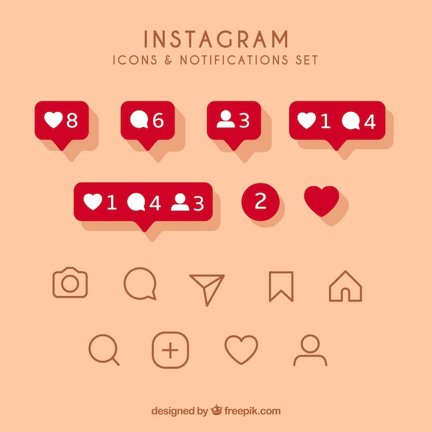 Flat instagram icons and notifications set | Free Vector