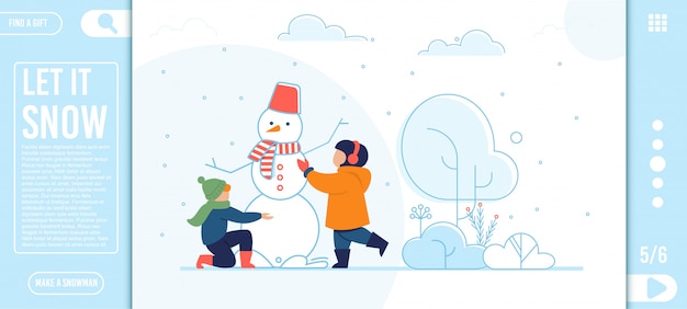 Flat landing page with happy kids making snowman Premium Vector