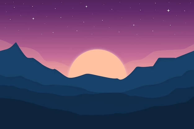 Premium Vector | Flat landscape the mountains at night are very beautiful