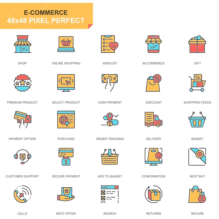  Flat line e-commerce and shopping icons set Premium Vector