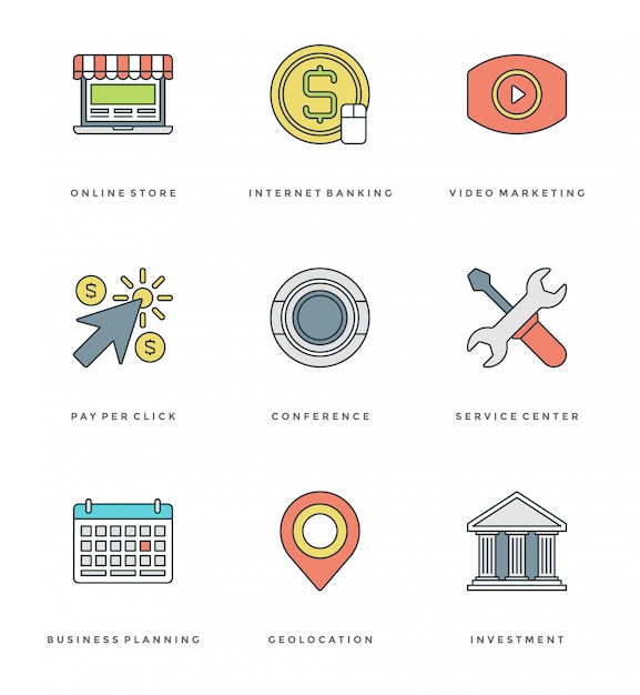 Flat line simple icons set. stroke vector essentials objects Premium Vector