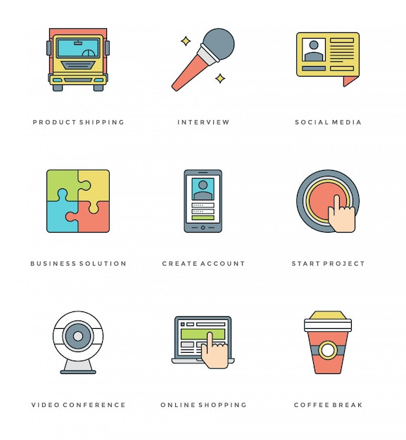 Flat line simple icons set. thin linear stroke essentials objects symbols Premium Vector