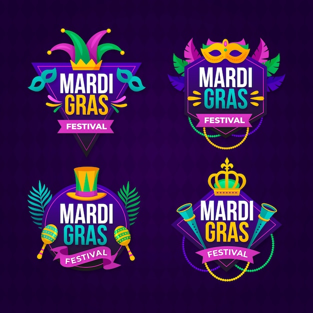 Free Vector Flat Mardi Gras Labels Collection