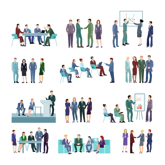 Flat meeting conference groups set of business people discussing strategies Free Vector