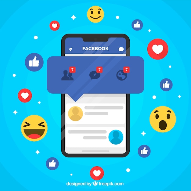 Flat mobile with facebook notifications and emojis Free Vector
