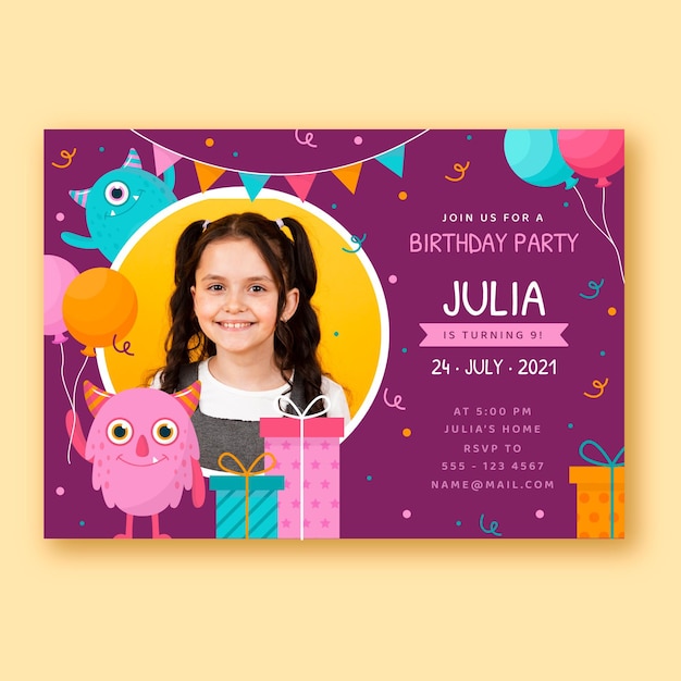 Free Vector | Flat monster birthday invitation template with photo