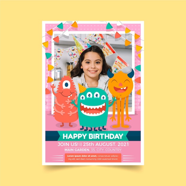 Free Vector | Flat monster birthday invitation template with photo