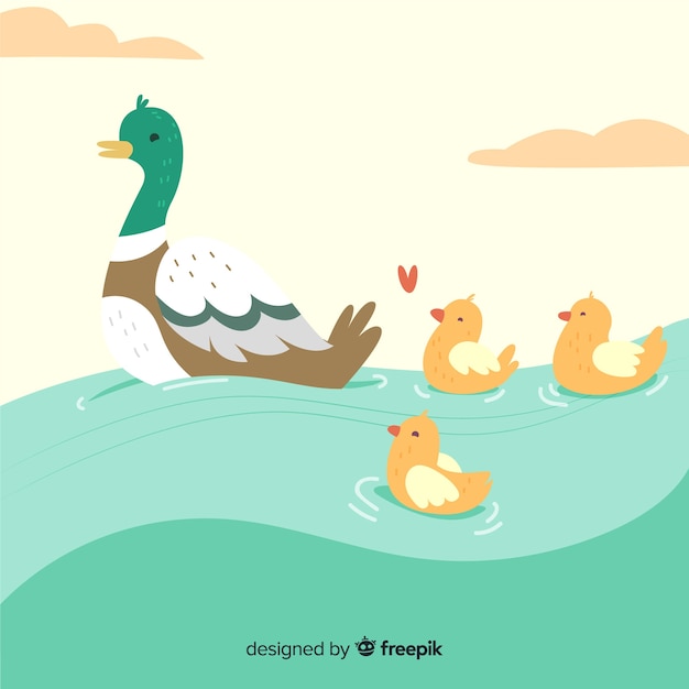 Download Flat mother duck and cute ducklings on water Vector | Free ...