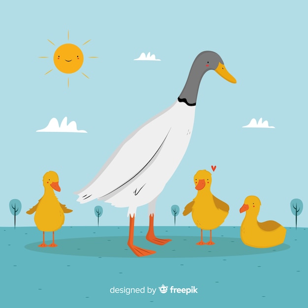 Download Free Vector | Flat mother duck and ducklings playing outside