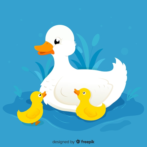 Flat mother duck and ducklings with blue background Free Vector
