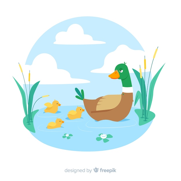 Download Flat mother duck with ducklings in water | Free Vector